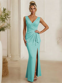 Satin V Neck Lace Appliques Mermaid Mother of the Bride Dresses