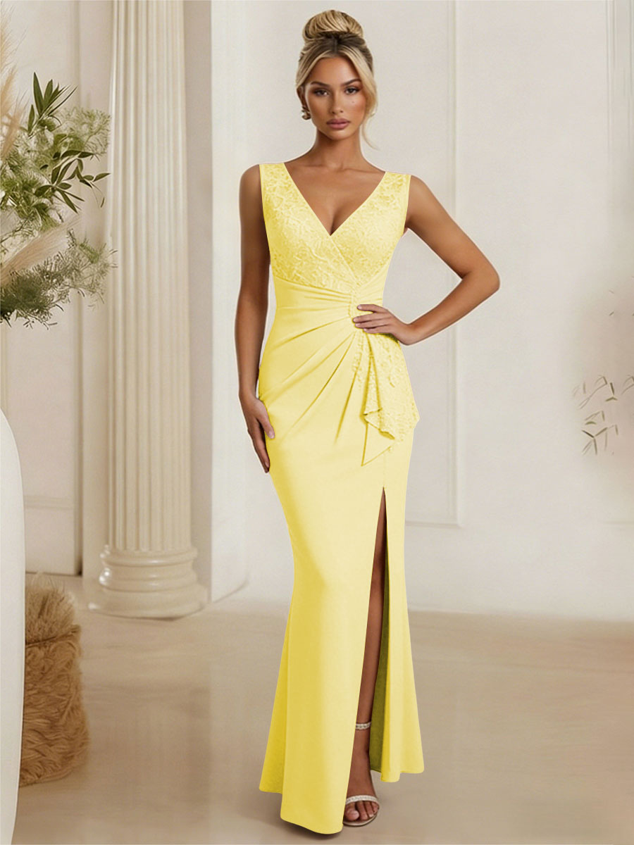 Satin V Neck Lace Appliques Mermaid Mother of the Bride Dresses