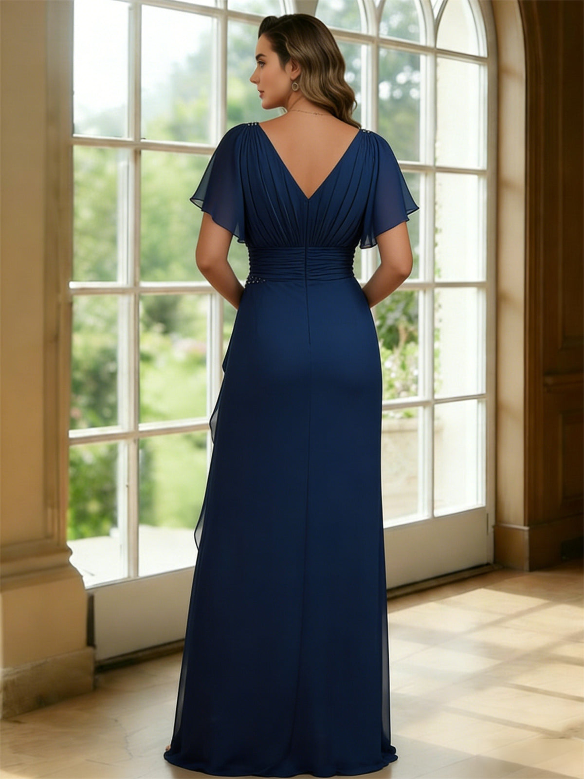 Chiffon V Neck Short Sleeves Ruffles Mother of the Bride Dresses