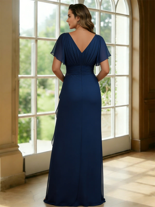 Chiffon V Neck Short Sleeves Ruffles Mother of the Bride Dresses