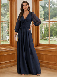 Chiffon V Neck Ruched A Line Mother of the Bride Dresses with Long Sleeves