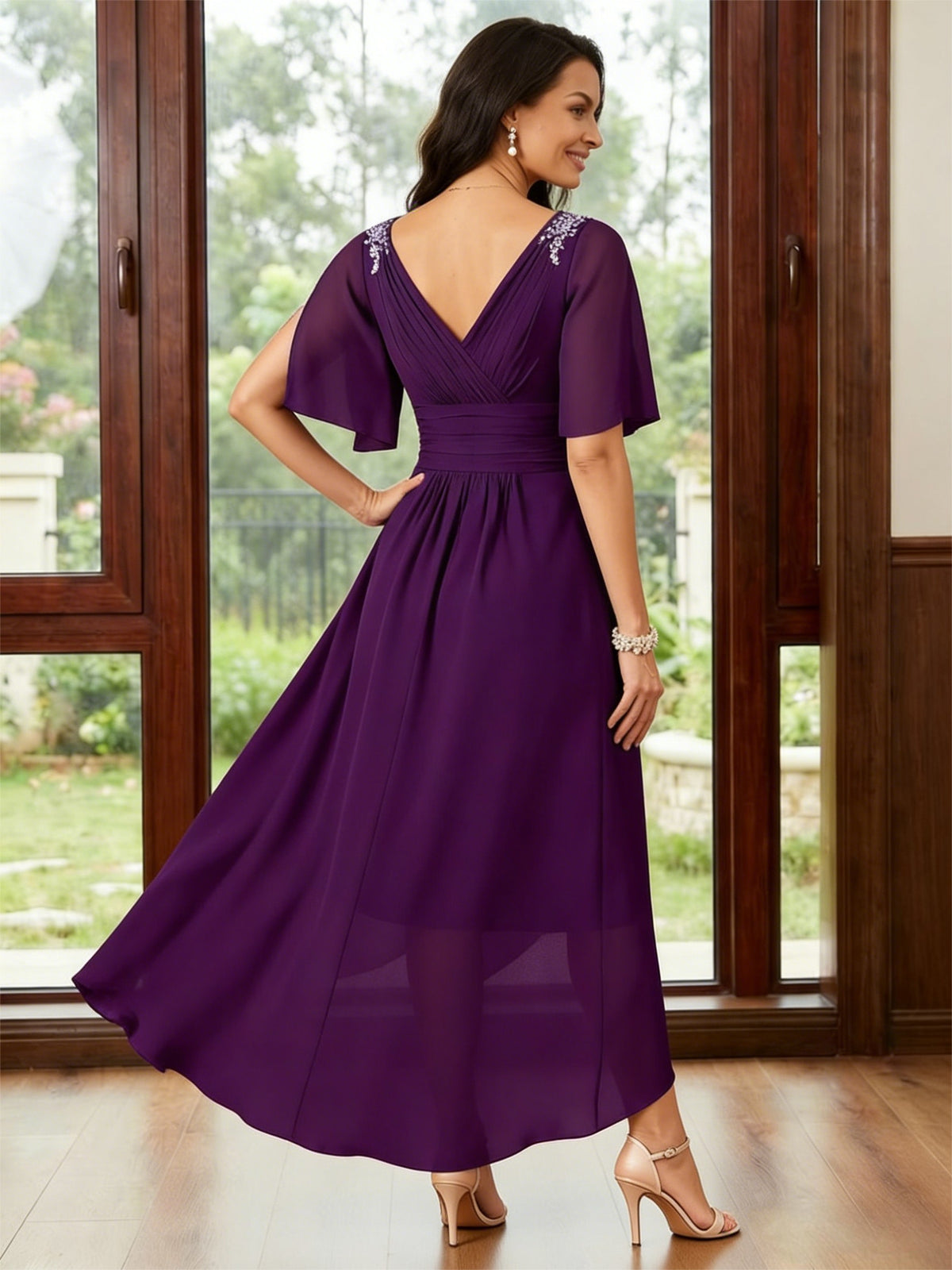 Chiffon V Neck Ruched A Line High Low Mother of the Bride Dresses