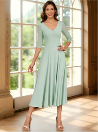 Chiffon V Neck Ruched A Line Mother of the Bride Dresses with Short Sleeves
