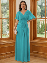 Chiffon V Neck Ruched A Line Mother of the Bride Dresses with Short Sleeves