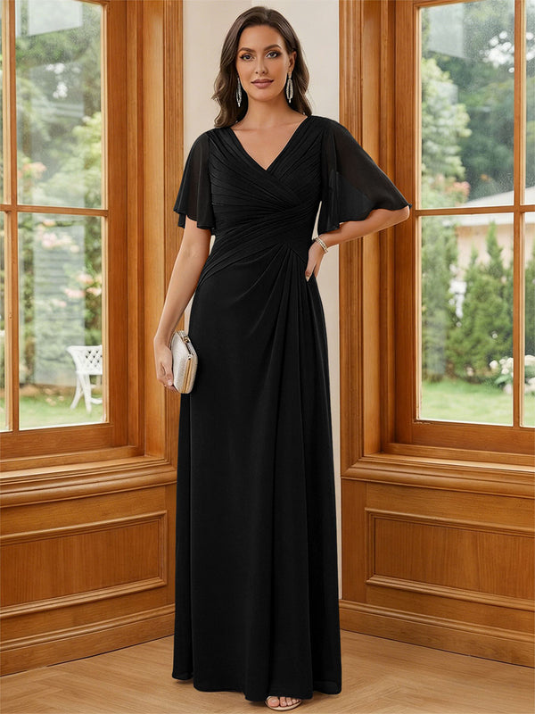 Chiffon V Neck Ruched A Line Mother of the Bride Dresses with Short Sleeves
