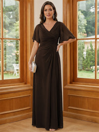 Chiffon V Neck Ruched A Line Mother of the Bride Dresses with Short Sleeves