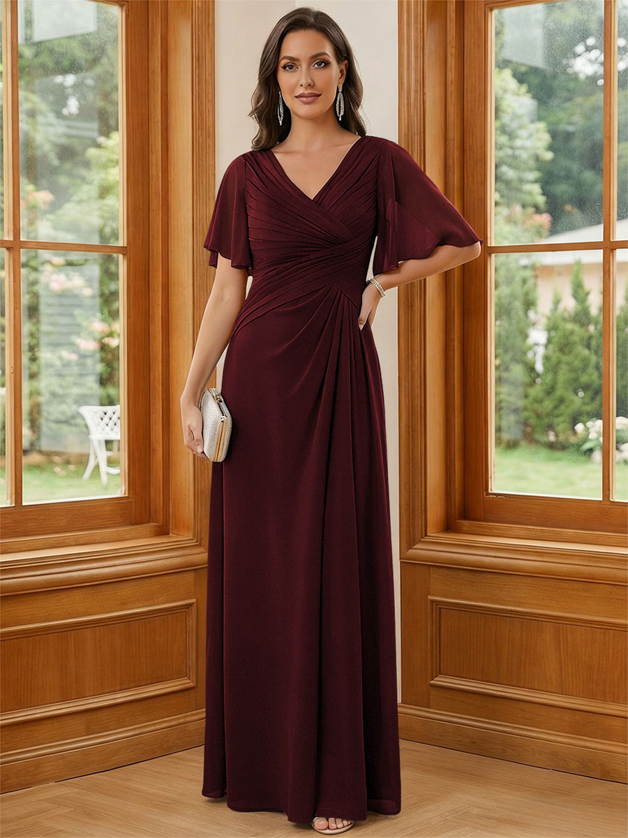 Chiffon V Neck Ruched A Line Mother of the Bride Dresses with Short Sleeves
