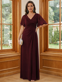 Chiffon V Neck Ruched A Line Mother of the Bride Dresses with Short Sleeves