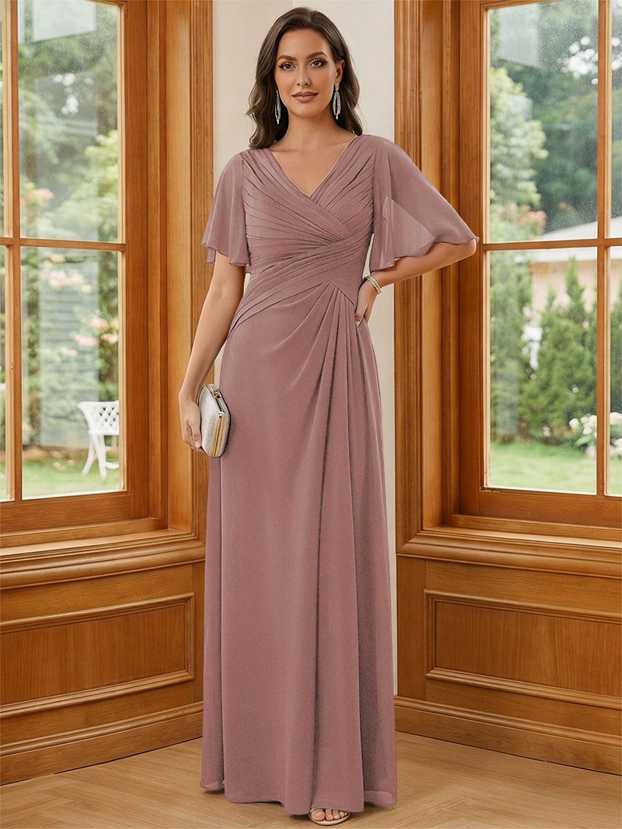 Chiffon V Neck Ruched A Line Mother of the Bride Dresses with Short Sleeves