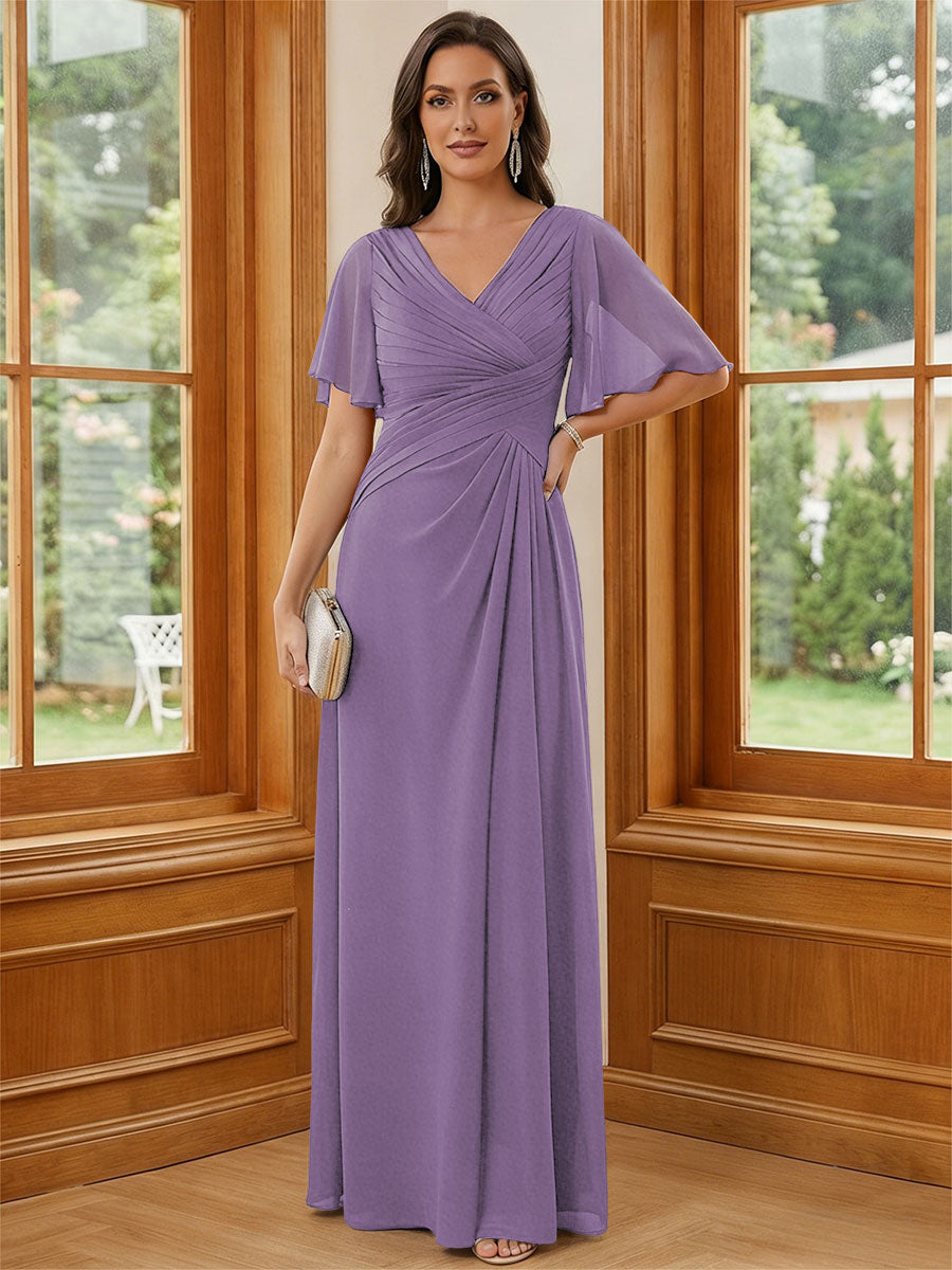Chiffon V Neck Ruched A Line Mother of the Bride Dresses with Short Sleeves