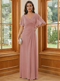 Chiffon V Neck Ruched A Line Mother of the Bride Dresses with Short Sleeves