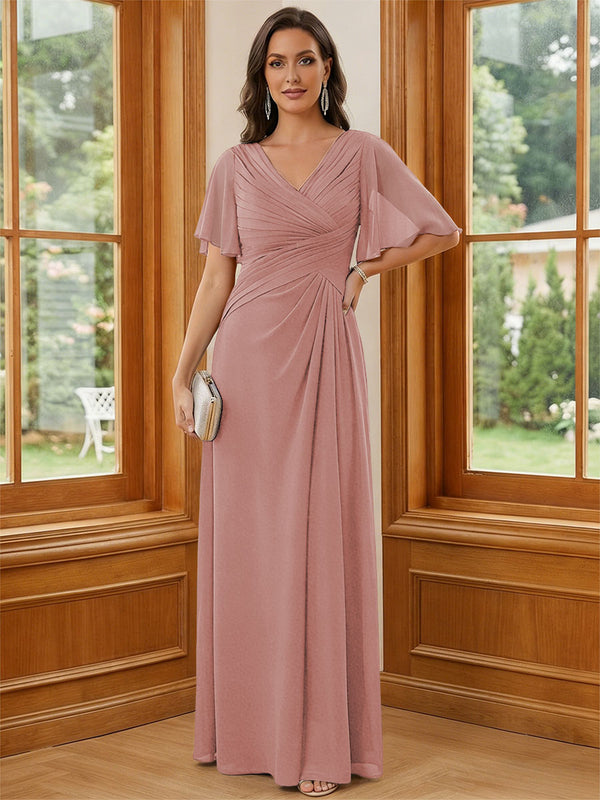 Chiffon V Neck Ruched A Line Mother of the Bride Dresses with Short Sleeves