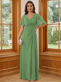 Chiffon V Neck Ruched A Line Mother of the Bride Dresses with Short Sleeves