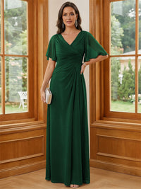 Chiffon V Neck Ruched A Line Mother of the Bride Dresses with Short Sleeves
