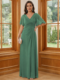 Chiffon V Neck Ruched A Line Mother of the Bride Dresses with Short Sleeves