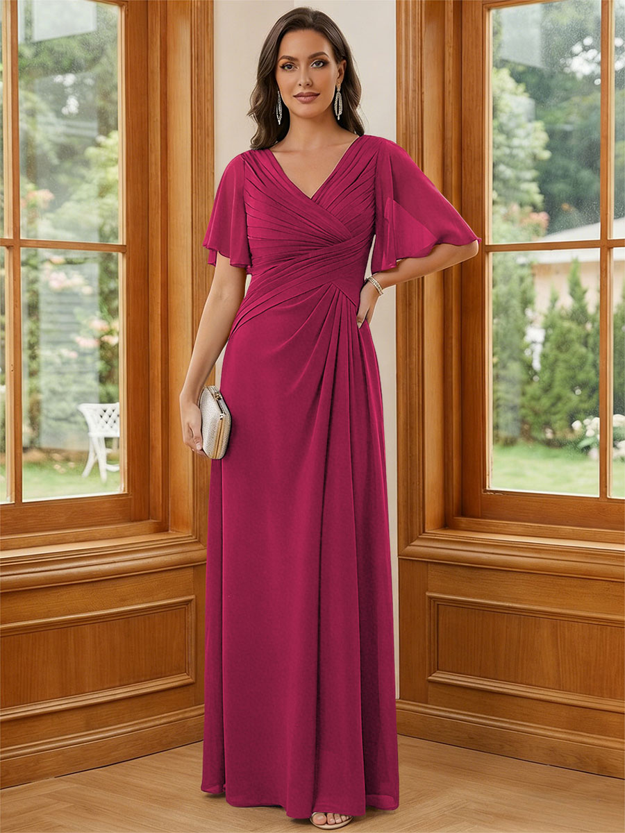Chiffon V Neck Ruched A Line Mother of the Bride Dresses with Short Sleeves
