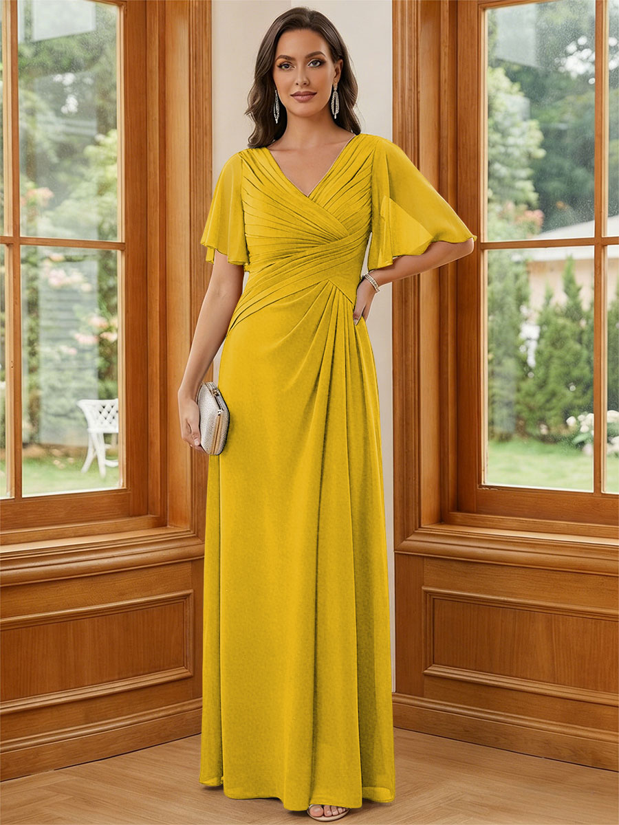 Chiffon V Neck Ruched A Line Mother of the Bride Dresses with Short Sleeves