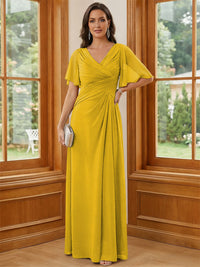 Chiffon V Neck Ruched A Line Mother of the Bride Dresses with Short Sleeves