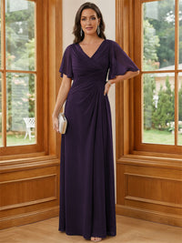 Chiffon V Neck Ruched A Line Mother of the Bride Dresses with Short Sleeves