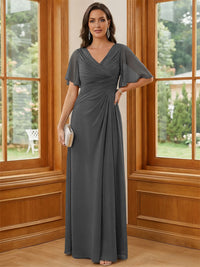Chiffon V Neck Ruched A Line Mother of the Bride Dresses with Short Sleeves