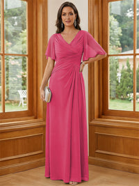 Chiffon V Neck Ruched A Line Mother of the Bride Dresses with Short Sleeves