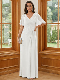 Chiffon V Neck Ruched A Line Mother of the Bride Dresses with Short Sleeves