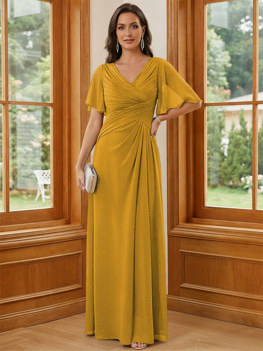 Chiffon V Neck Ruched A Line Mother of the Bride Dresses with Short Sleeves