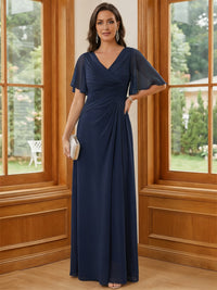 Chiffon V Neck Ruched A Line Mother of the Bride Dresses with Short Sleeves
