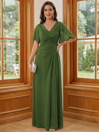 Chiffon V Neck Ruched A Line Mother of the Bride Dresses with Short Sleeves