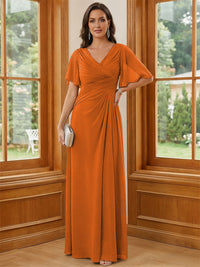 Chiffon V Neck Ruched A Line Mother of the Bride Dresses with Short Sleeves