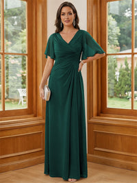 Chiffon V Neck Ruched A Line Mother of the Bride Dresses with Short Sleeves