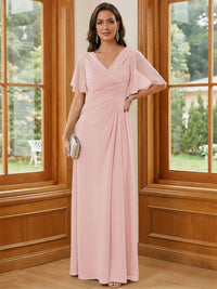 Chiffon V Neck Ruched A Line Mother of the Bride Dresses with Short Sleeves