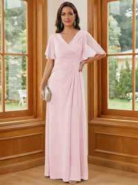 Chiffon V Neck Ruched A Line Mother of the Bride Dresses with Short Sleeves