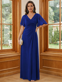 Chiffon V Neck Ruched A Line Mother of the Bride Dresses with Short Sleeves