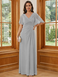 Chiffon V Neck Ruched A Line Mother of the Bride Dresses with Short Sleeves