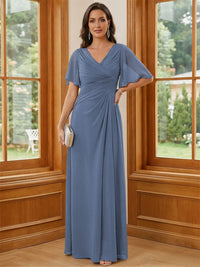 Chiffon V Neck Ruched A Line Mother of the Bride Dresses with Short Sleeves