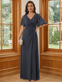 Chiffon V Neck Ruched A Line Mother of the Bride Dresses with Short Sleeves