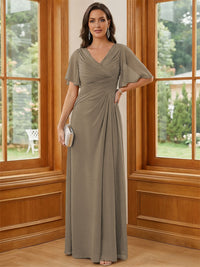 Chiffon V Neck Ruched A Line Mother of the Bride Dresses with Short Sleeves