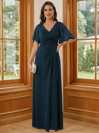 Chiffon V Neck Ruched A Line Mother of the Bride Dresses with Short Sleeves