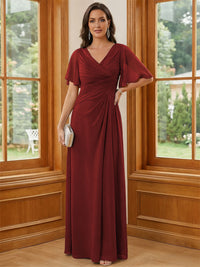 Chiffon V Neck Ruched A Line Mother of the Bride Dresses with Short Sleeves