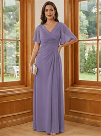 Chiffon V Neck Ruched A Line Mother of the Bride Dresses with Short Sleeves