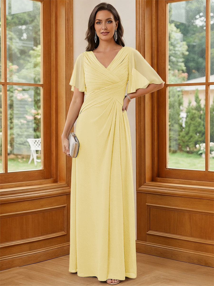 Chiffon V Neck Ruched A Line Mother of the Bride Dresses with Short Sleeves