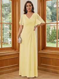 Chiffon V Neck Ruched A Line Mother of the Bride Dresses with Short Sleeves