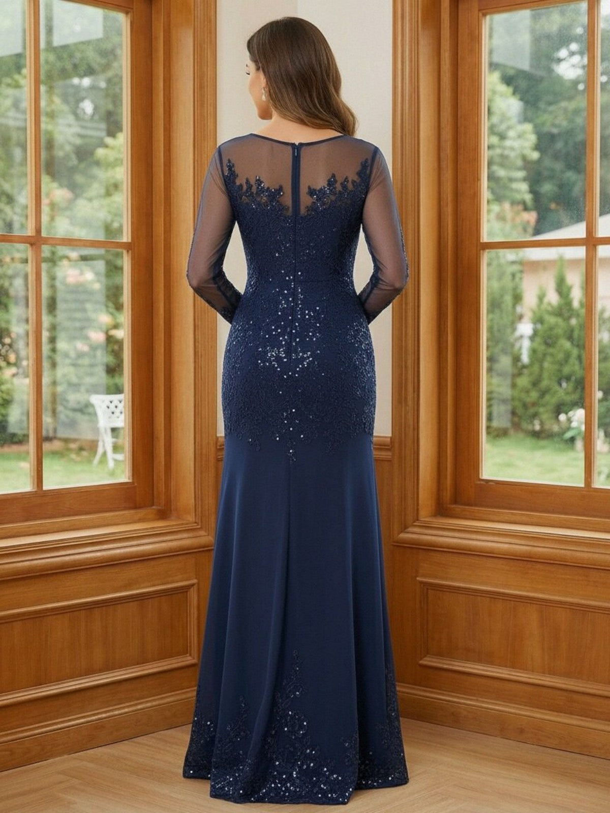 Round Neck Lace Appliques Sequin Mother of the Bride Dresses
