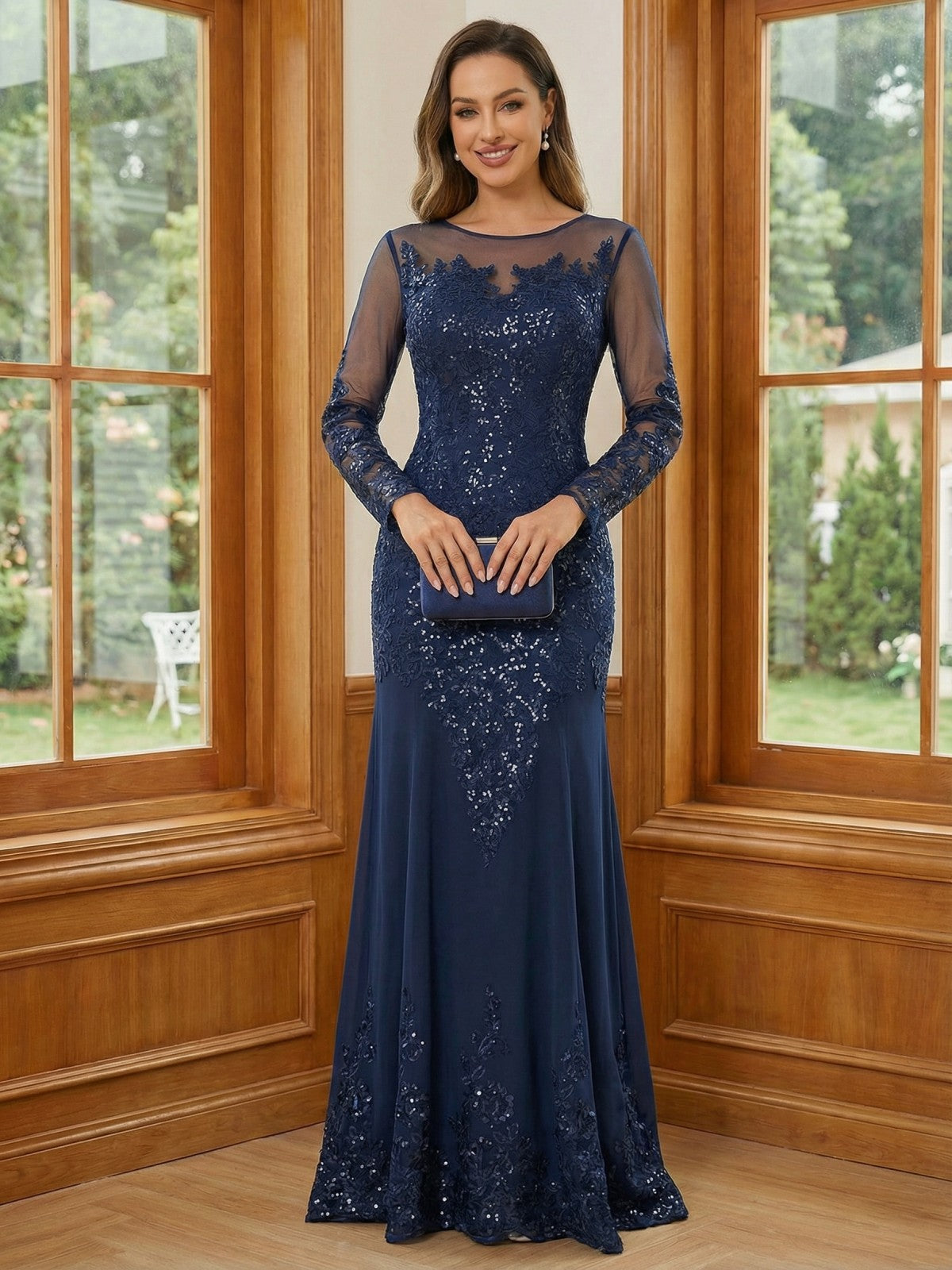 Round Neck Lace Appliques Sequin Mother of the Bride Dresses
