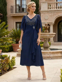 Tea Length Chiffon Mother of the Bride Dresses with Sleeves