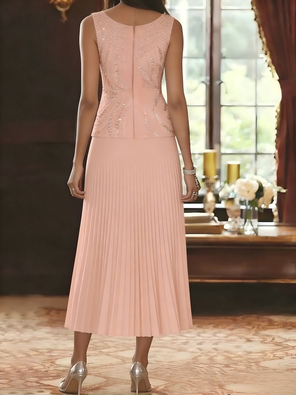 Suitcase Round Neck Sequin Chiffon Pleated Mother of the Bride Dresses
