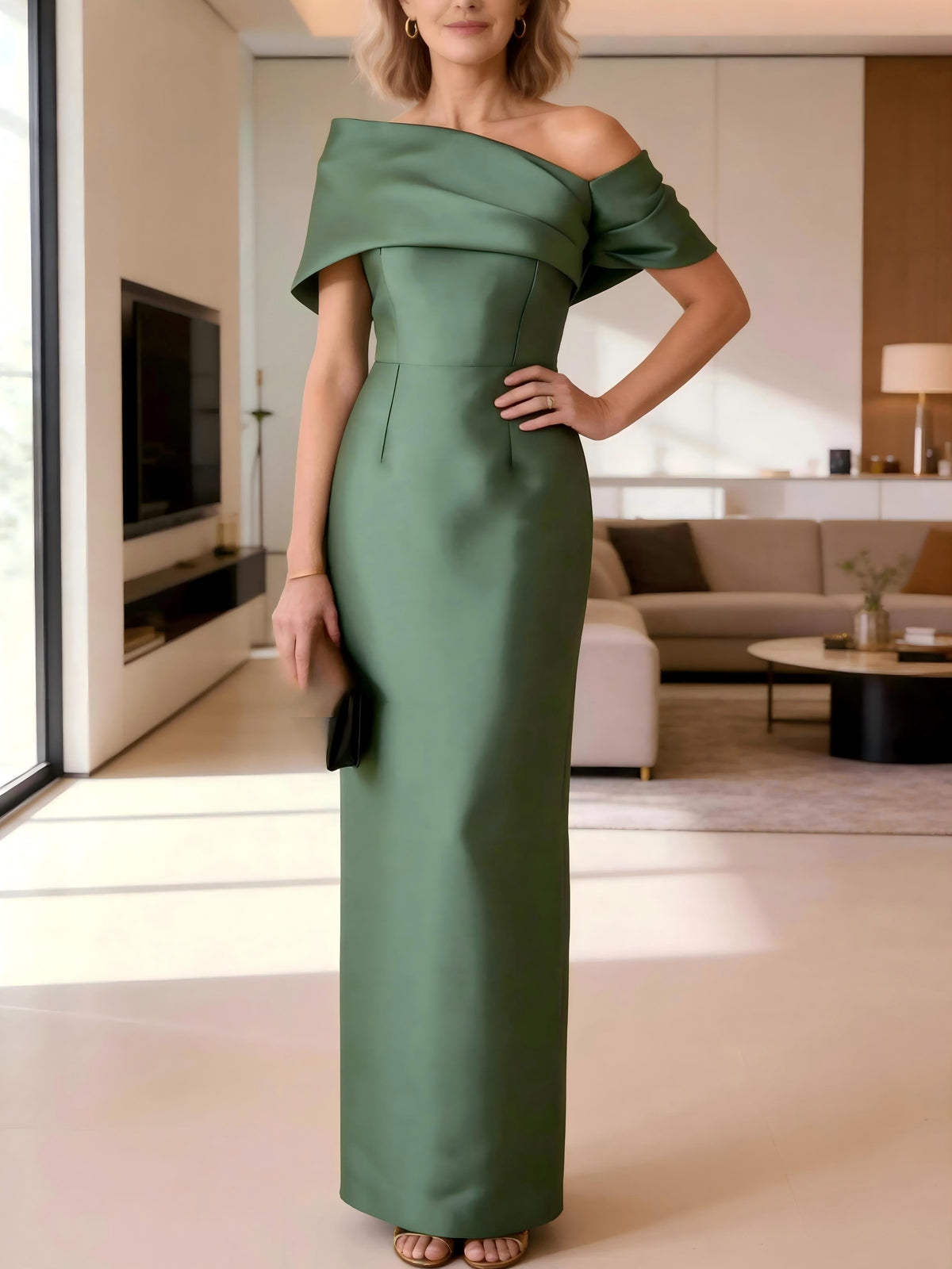 One Shoulder Satin Sheath Short Sleeves Mother of the Bride Dresses
