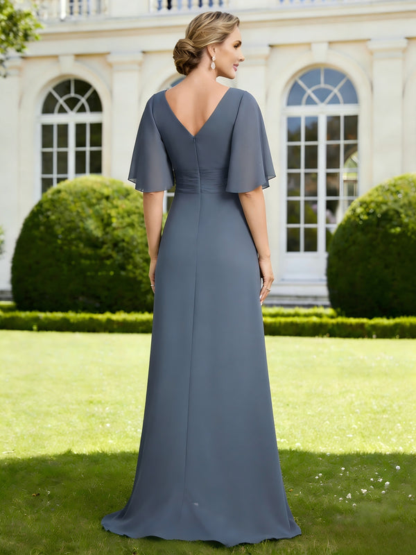 V Neck Chiffon Short Sleeves Ruffles Mother of the Bride Dresses with Slit
