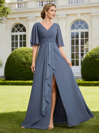 V Neck Chiffon Short Sleeves Ruffles Mother of the Bride Dresses with Slit